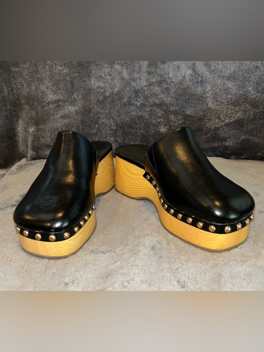 ASOS Black faux Leather Platform Clog Mules Wood-Look Sole Y2K Retro size 6